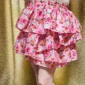 Endless Rose Pink Floral Large‎ Multi-Tiered Ruffle Mini Skirt for Spring Summer